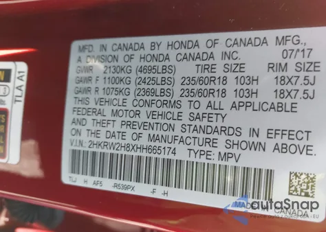 2017 Honda Cr-V Exl из США, поврежденный, VIN 2HKRW2H8XHH665174